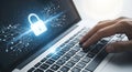Laptop screen displaying digital padlock and circuit board cybersecurity data security Royalty Free Stock Photo