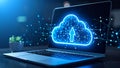 Laptop screen displaying a glowing cloud with data transfer and network connections Royalty Free Stock Photo