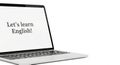 Laptop screen displaying lets learn English text. Online education and language learning concept for foreign language study. copy Royalty Free Stock Photo
