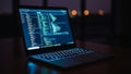 Laptop screen displaying lines of code with a blurred dark background and bokeh lights, emphasizing programming Royalty Free Stock Photo