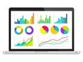 Laptop screen displaying various charts and graphs isolated on white background Royalty Free Stock Photo