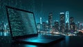 Laptop screen displays binary code, city skyline background at night. Technology, computer science, information technology, data Royalty Free Stock Photo