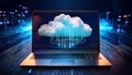 laptop screen displays a cloud graphic, symbolizing cloud computing technology and digital connectivity Royalty Free Stock Photo