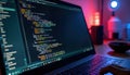 Laptop screen displays python code. GUI programming using Tkinter library. Developer works on window layout, button properties. Royalty Free Stock Photo