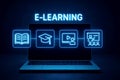 Laptop screen with E- LEARNING text and glowing neon blue icons for online education Keywords: laptop, computer, screen, e- Royalty Free Stock Photo