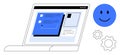Laptop Displaying Interface with Blue happy Face and Gear Elements for Web Design and Technology Themes Royalty Free Stock Photo