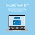 Laptop screen with Pay now button and credit card. Online payment or shopping vector illustration. Pay per click concept Royalty Free Stock Photo