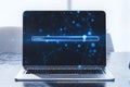 Laptop screen with a prompt search bar on a digital network background. 3D Rendering