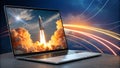 Laptop Screen Rocket Launch, Space Background, Digital Art Royalty Free Stock Photo