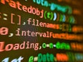 Laptop screen show abstract computer programming code script. Tech source apps. Modern digital data bits of technology, abstract