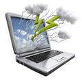Laptop Screen Showing Stormy Sky with Lightning and Clouds Emerging from the Display computer Royalty Free Stock Photo