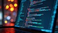 Laptop screen shows complex code related to cloud services, APIs. Modern data center background blurred. DevOps, cloud tech, Royalty Free Stock Photo