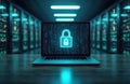 Laptop screen shows digital padlock symbol on matrix background in server room. Computer data security and network protection Royalty Free Stock Photo
