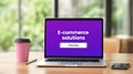 Laptop screen shows E commerce solutions with click here button Royalty Free Stock Photo