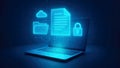 Laptop screen shows glowing cloud, folder, document, and lock icons computer technology Royalty Free Stock Photo