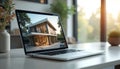 Laptop screen shows modern house design. Architects view architectural visualization project on computer. Digital blueprint for Royalty Free Stock Photo