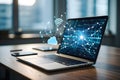 Modern laptop displaying a glowing digital network with cloud and wifi symbols Royalty Free Stock Photo