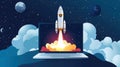 laptop screen transforms into launchpad with rocket blasting off, symbolizing innovation and creativity in cosmic themed Royalty Free Stock Photo