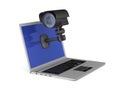 Laptop and security camera on white background. Isolated 3D illustration