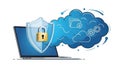 Laptop with security shield and cloud icons isolated on white background Royalty Free Stock Photo