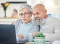 Laptop, senior couple and video call in home, internet browsing or social network in house. Computer, retirement and Royalty Free Stock Photo