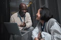 Laptop, server room or technician people for teamwork, problem solving or database management system upgrade Royalty Free Stock Photo