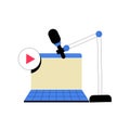Laptop With Microphone In Flat Vector Illustration Symbolizing Podcasting, Online Content Creation, And Audio Production