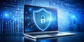 Laptop with shield on screen symbolizing protection security, virus security malware computer hacker