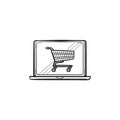 Laptop with shopping cart on screen hand drawn outline doodle icon. Royalty Free Stock Photo