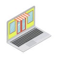 Laptop with Showcase and Store Awning as Shopping and Retail Industry Isometric Vector Illustration