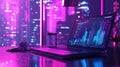 Laptop showcasing data with city lights in cyberpunk style Royalty Free Stock Photo