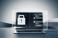 Laptop showcasing a futuristic cybersecurity login interface with a glowing padlock icon.