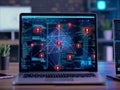 Laptop showing alert icons network security breach warning on computer screen Royalty Free Stock Photo
