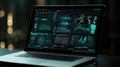 Laptop showing complex futuristic cyber security interface with graphs and world map Royalty Free Stock Photo