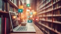 Laptop Showing Digital Icons Floating in University Library Setting Royalty Free Stock Photo