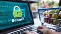 Laptop showing e-commerce checkout with green padlock and \'Secure\'. Customer completing purchase