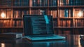 Laptop displaying code in a library setting Royalty Free Stock Photo