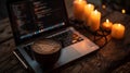 Laptop showing lines of code, set on a rustic wooden table. Beside it, a large cup