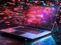 Laptop showing programming code in futuristic cyberspace tunnel Royalty Free Stock Photo
