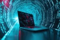Laptop showing source code inside futuristic internet tunnel Royalty Free Stock Photo