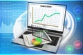 Laptop showing a spreadsheet and a paper with statistic charts Royalty Free Stock Photo