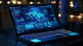 Laptop showing world map and data for global cyber security threat surveillance