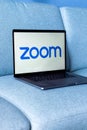 Laptop showing Zoom Cloud Meetings app logo. Royalty Free Stock Photo