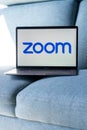 Laptop showing Zoom Cloud Meetings app logo. Royalty Free Stock Photo