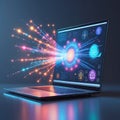 Laptop screen emits a radiant circular burst of light and digital data computer technology Royalty Free Stock Photo