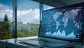 Analysis of real-time climate data displayed on a laptop in a modern workspace with nature views
