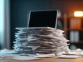 A laptop sits atop a massive stack of documents on a desk, emphasizing office overload and work. Royalty Free Stock Photo