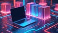 Laptop sits on circuit board with glowing neon digital books. Modern tech concept for data, AI, and digital library storage. Royalty Free Stock Photo