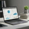 A laptop sits on a desk displaying analytics dashboards with pie and bar charts.