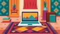 The laptop sits on a Moroccanstyle rug in a colorful tapestryfilled textile workshop utilized by the designer for Royalty Free Stock Photo